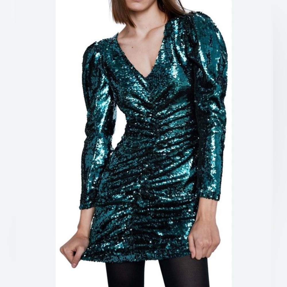 ZARA Women's Green Sequin Ruched V-Neck Mini Dress - Size S